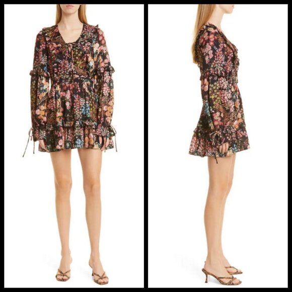💕TED BAKER💕 Hendria Ruffled Crepe Mini Dress ~ Black Floral Print 4-6 US NWT - Picture 7 of 16